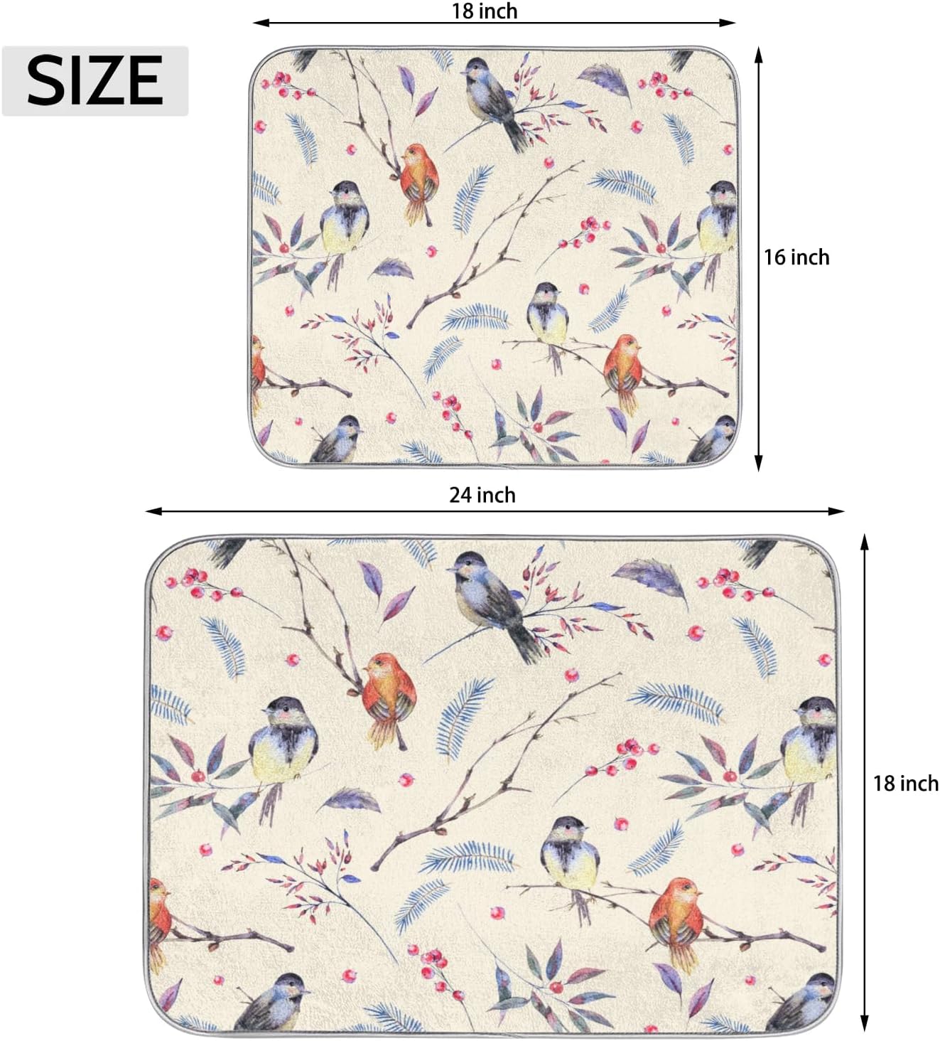 Hexteria Vintage Birds Dish Drying Mat Microfiber Kitchen Drying Mat Dish Drying Mats for Kitchen Counter Absorbent Quick Drying Pad 16x18 Inch