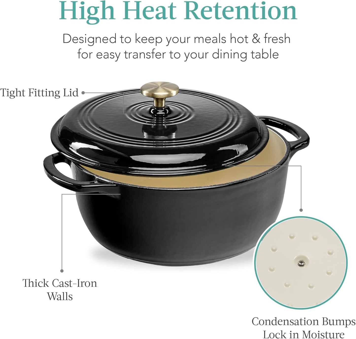 Best Choice Products 6 Quart Enamel Cast-Iron Round Dutch Oven, Family Style Heavy-Duty Pre-Seasoned Cookware for Home, Kitchen, Dining Room, Oven Safe w/Lid, Dual Handles - Black Licorice