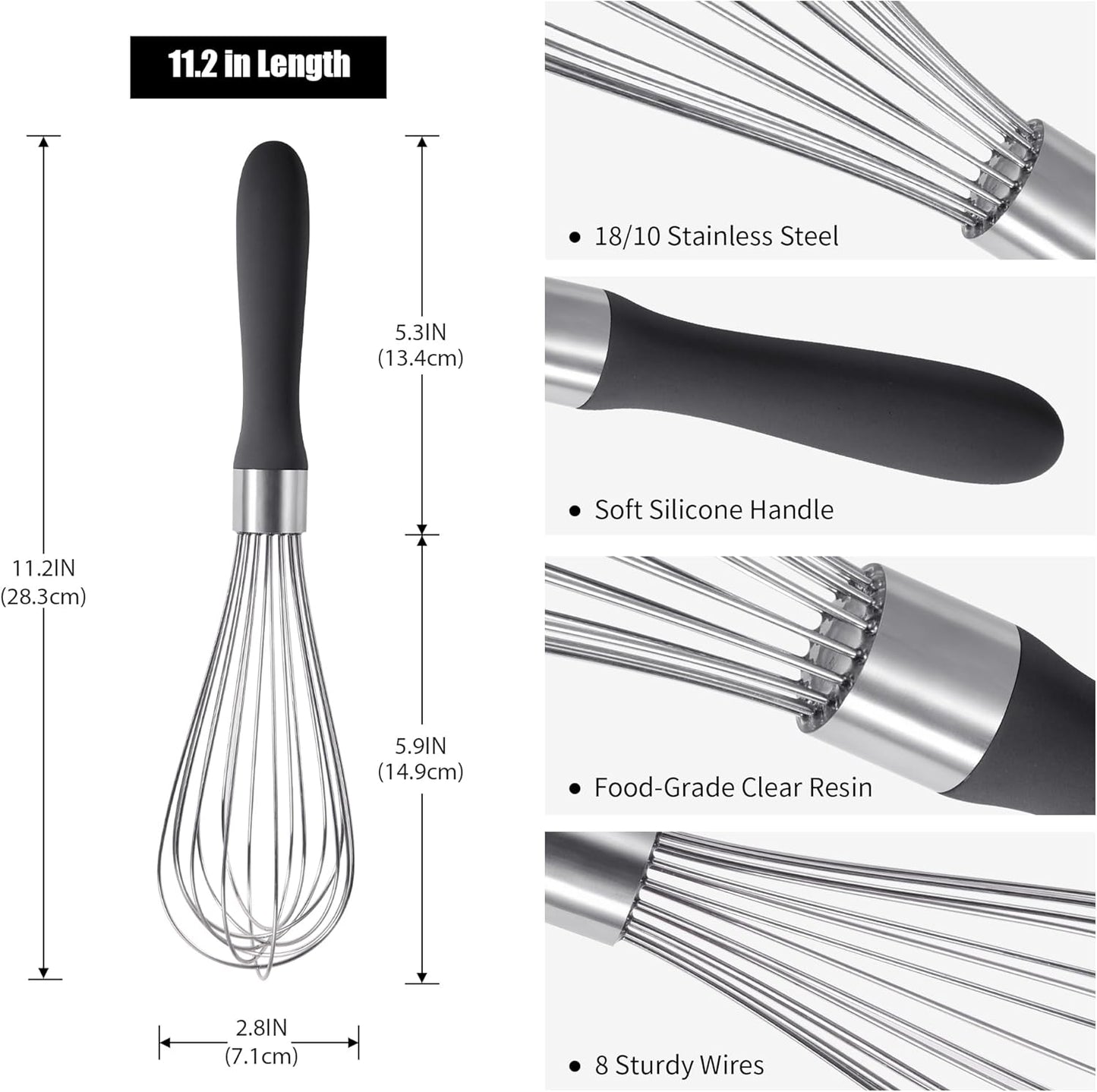 18/8 Stainless Steel Balloon Whisk, Doosu Kitchen Whisk for Cooking Handheld Egg Beater with Rust-Proof Sturdy Wires & Non-Slip Silicone Handle for Beating, Stirring, Blending (8 Wires, Black)