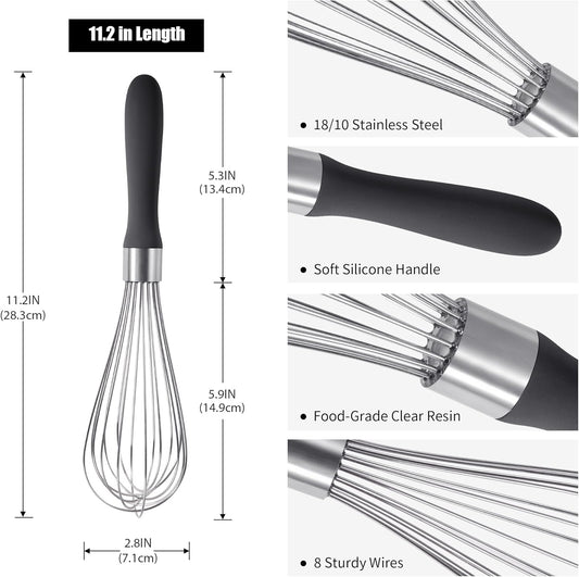 18/8 Stainless Steel Balloon Whisk, Doosu Kitchen Whisk for Cooking Handheld Egg Beater with Rust-Proof Sturdy Wires & Non-Slip Silicone Handle for Beating, Stirring, Blending (8 Wires, Black)