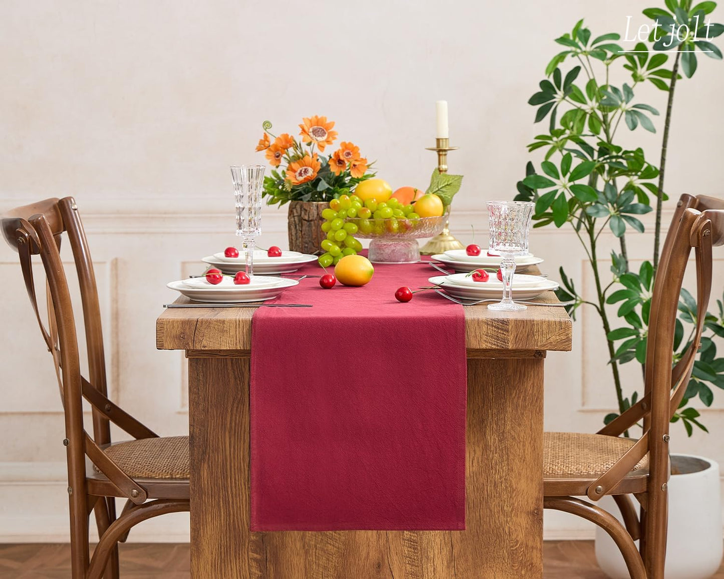 Letjolt Burgundy Table Runner 72 Inches Rustic Farmhouse Table Runner Dark Red Cotton Runner Plain Table Decor
