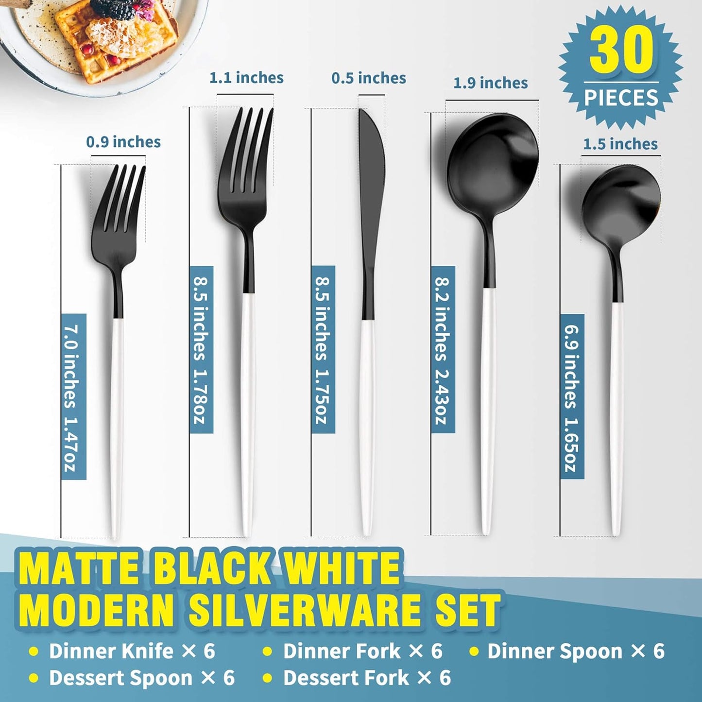 Lemeya Matte Black White Silverware Set for 6,Modern Stainless Steel Brushed Cutlery Set,30-Pieces Heavy Duty Flatware Set,Knives Spoons and Forks Set Utensils Set, Satin Finish, Dishwasher Safe