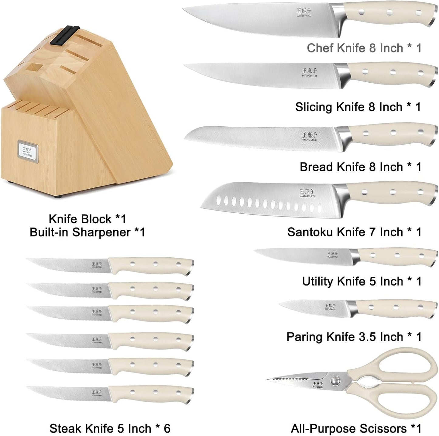 Premium Knife Set,High Carbon Stainless Steel Forged,Sharp Knives Set for Kitchen,Triple-rivet Ergonomic Handle,Hundreds of Years of Masterful Craftmanship(Ivory,15PCS)