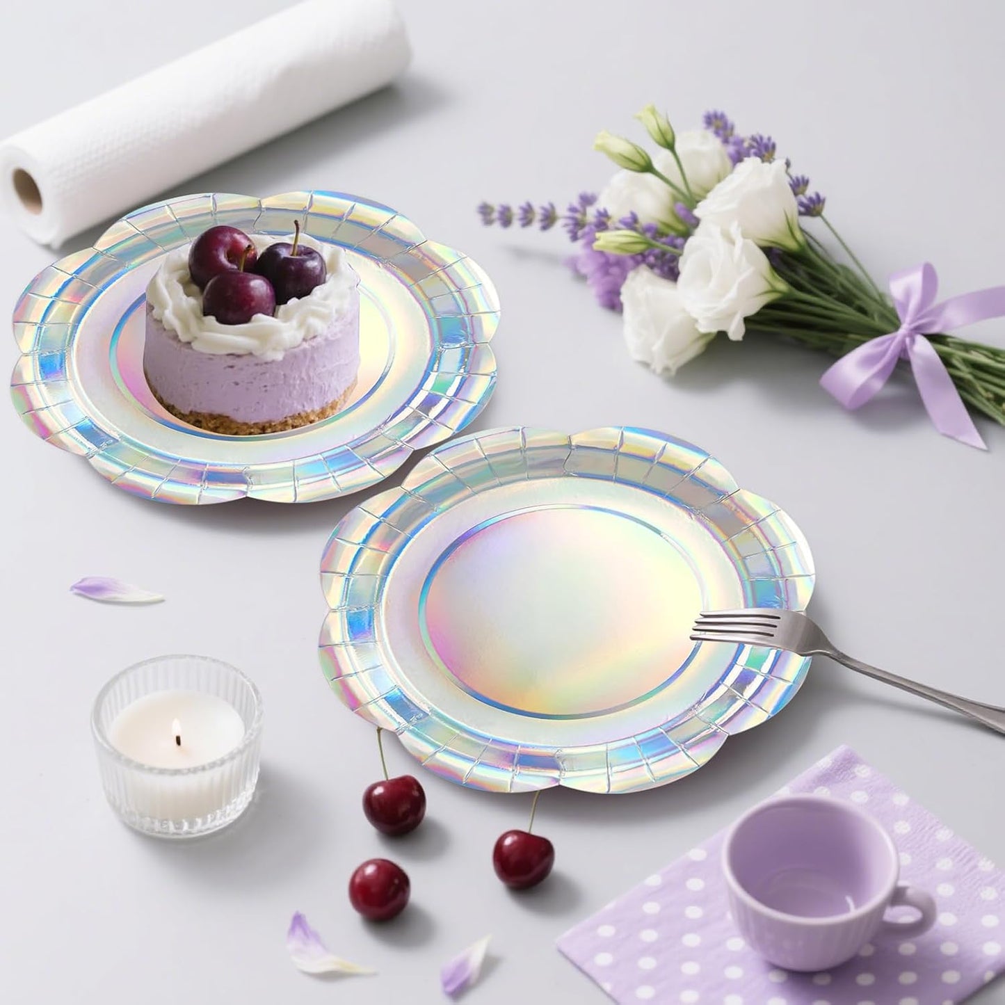 50PCS Iridescent Silver Paper Plates 7 Inch, Disposable Holographic Scalloped Plates Cake Dessert Plate for Mermaid Birthday Wedding Party Supplies (Iridescent Silver, 7 inch)