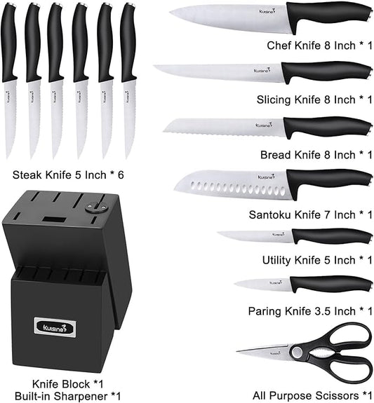 Kuisine Kitchen Chef Knife Block Set,High Carbon Stainless Steel Sharp Knife Set with Built-in Sharpener,Elegant Gift(Black,15pcs)