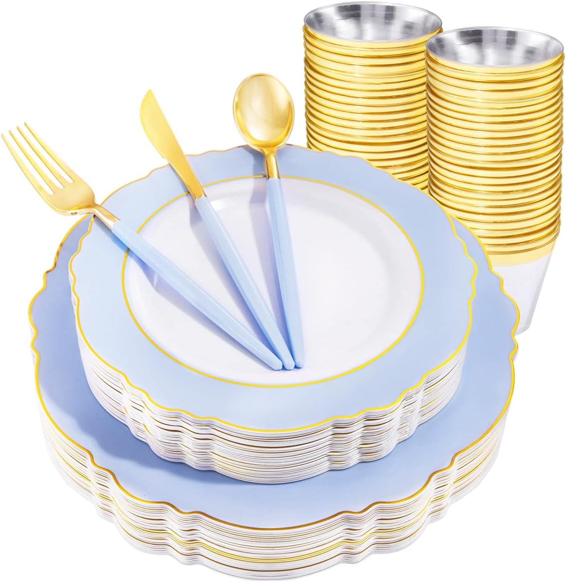WDF 150pieces Baby Blue Plastic Plates with Gold Rim - Disposable Gold Plastic Silverware With Blue Handle-Baroque Light Blue&Gold Disposable Plates Dinnerware for Wedding/Party