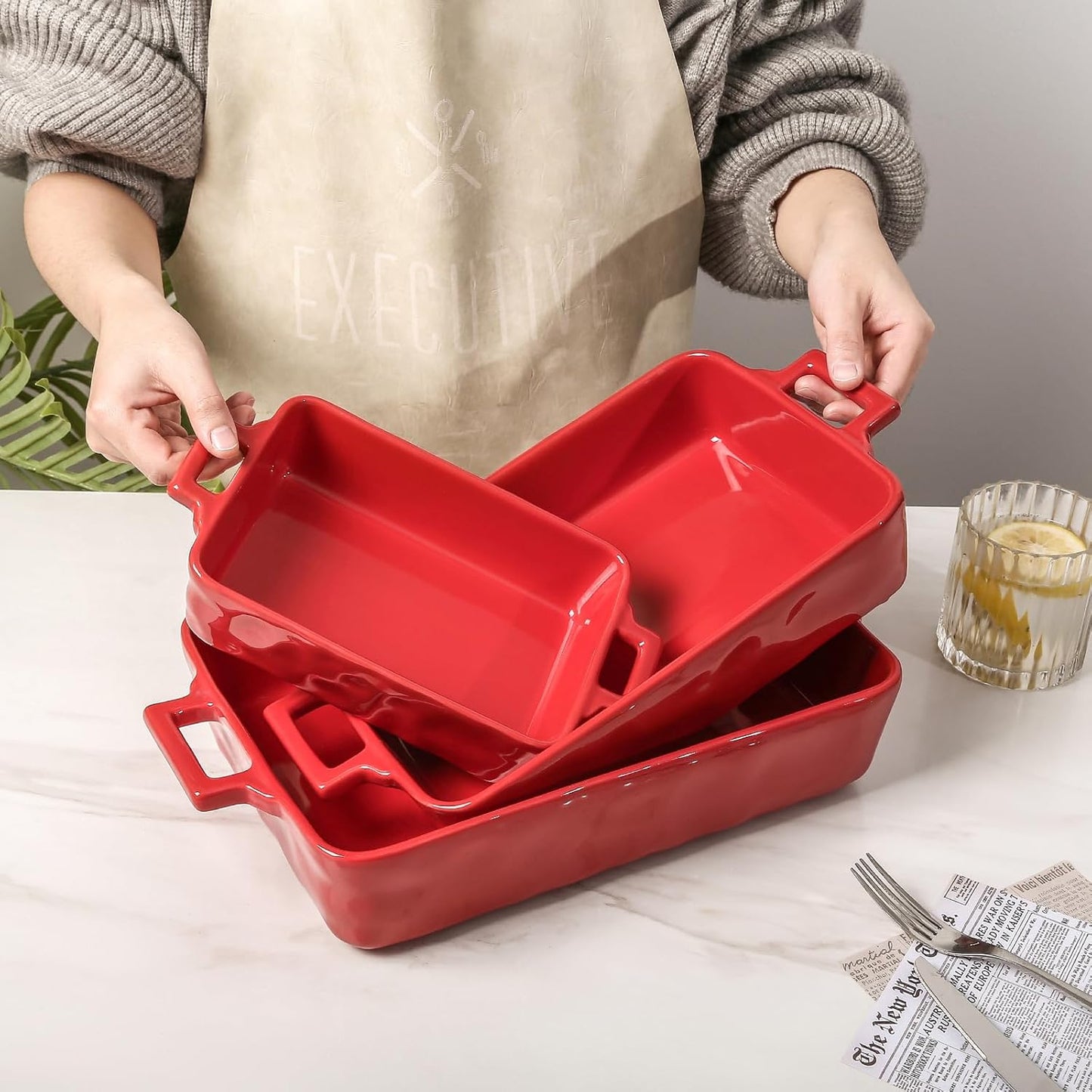 VICRAYS Ceramic Bakeware Set, Porcelain Rectangular Baking Dish, Baking Pan Lasagna Pans Casserole Dish Set for Cooking, Kitchen, Cake Dinner, Banquet and Daily Use, 3 PCS, 15 x 8.5 Inches (Red)