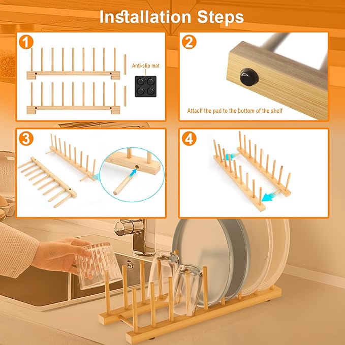 Bamboo Dish Drying Rack for Kitchen Organizer-Sturdy Plate Rack Organizer with Natural Bamboo, Dish Rack Holds Plates, Cups & Cutting Boards-Dish Drying Rack for Countertop & Cabinets（4 Pack）