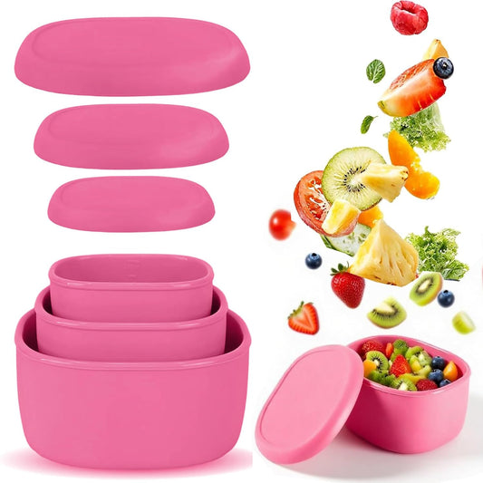 Reusable Nesting Silicone Food Storage Containers, Set of 3 Lunch Box Bento with Lids, Airtight Snack Container, BPA Free, Dishwasher Microwave Oven Freezer Safe (6.7oz, 10oz, 20oz) (Pink)