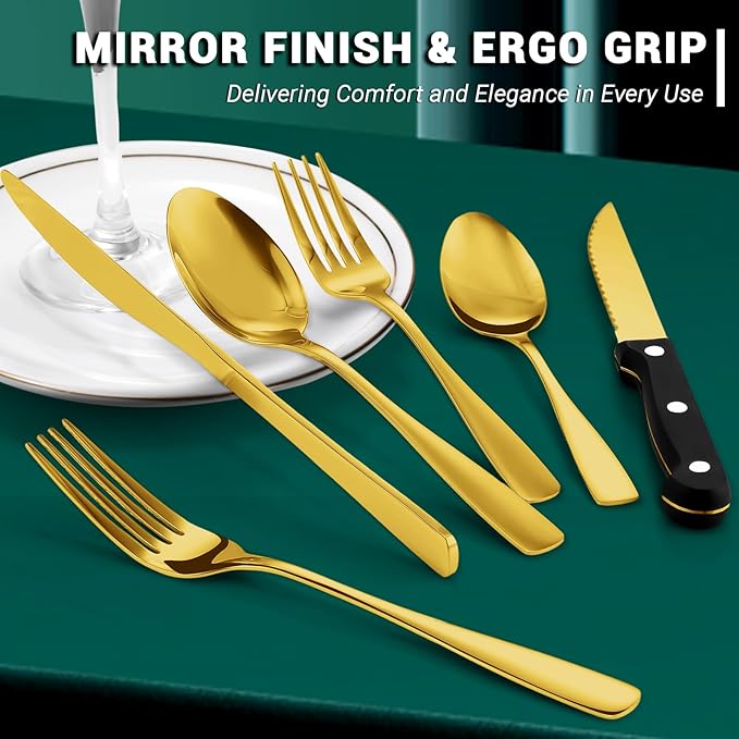 BEWOS 72-Pieces Gold Silverware Set for 12 - Stainless Steel Flatware Set with Mirror Polish, Gold Silverware Set Including Steak Knives, Forks and Spoons, Dishwasher Safe for Restaurant