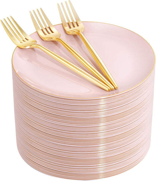 Rubtlamp 200Pcs Plastic Pink Dessert Plates with Disposable Gold Forks,Heavy Duty Pink Disposable Salad Platos,Gold Small Platos,Fancy Appetizer Plates for Mother's Day