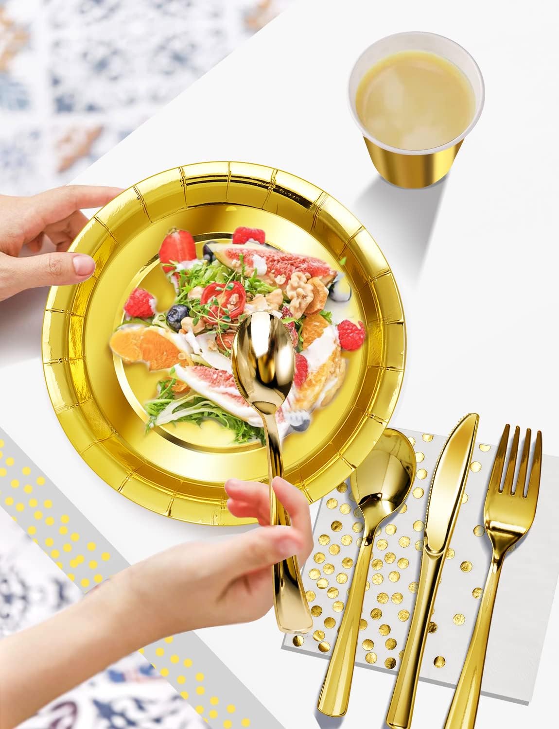 141 Pieces Gold Party Supplies, Party Dinnerware Sets Include Paper Plates Napkins Cups Silverware, for Wedding Bridal Shower Engagement Birthday Parties Decoration -20 Serves