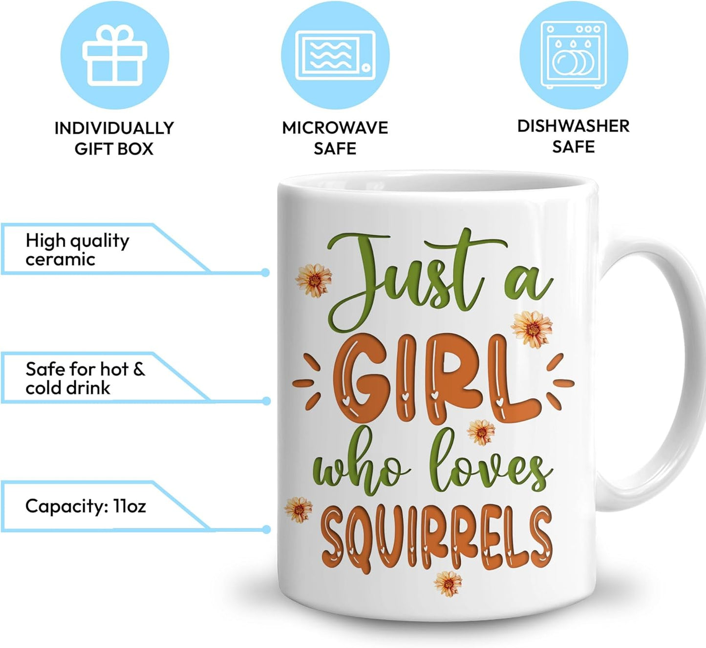 Hyturtle Personalized Gifts Squirrel Lover - Just A Girl Who Loves Squirrels Custom Name Ceramic Coffee Mug Cup 11oz - Idea Cute Animal Lover Gifts For Women, Girl Daughter On Birthday, Christmas