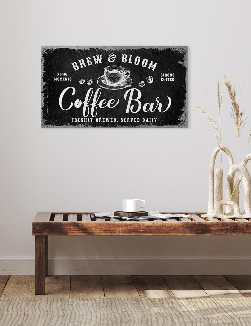 IPIC - Rustic Coffee Bar Sign Brew and Bloom, Canvas Print Wall Art for Coffee Station, Rustic Industrial Style Wall Decor for Home Kitchen and Cafe