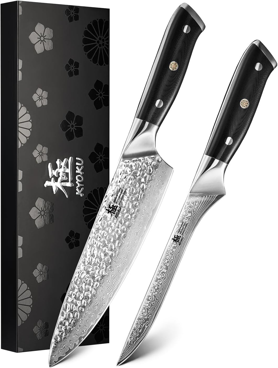 KYOKU Knife Set, 2pc Japanese Kitchen Knife Set for Cooking, 7" Boning 8" Chef Knife with Silver Ion Blade Sheath Gift Box, Professional Sharp Damascus Stainless Steel Knives for Meat Vegetable