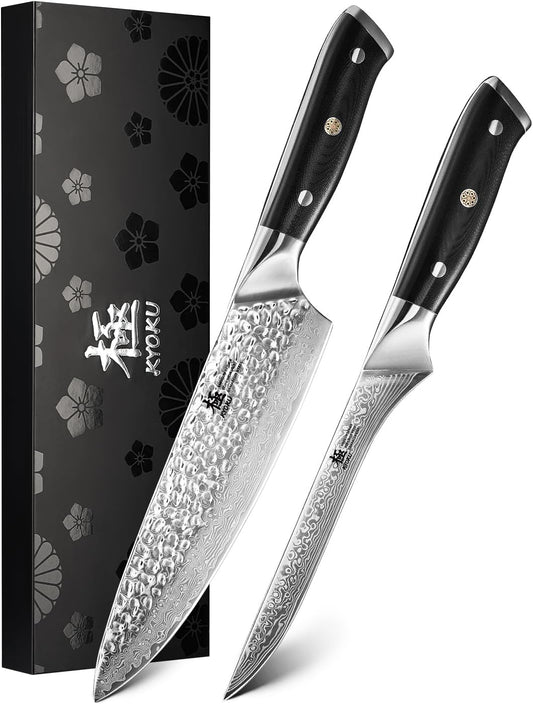 KYOKU Knife Set, 2pc Japanese Kitchen Knife Set for Cooking, 7" Boning 8" Chef Knife with Silver Ion Blade Sheath Gift Box, Professional Sharp Damascus Stainless Steel Knives for Meat Vegetable