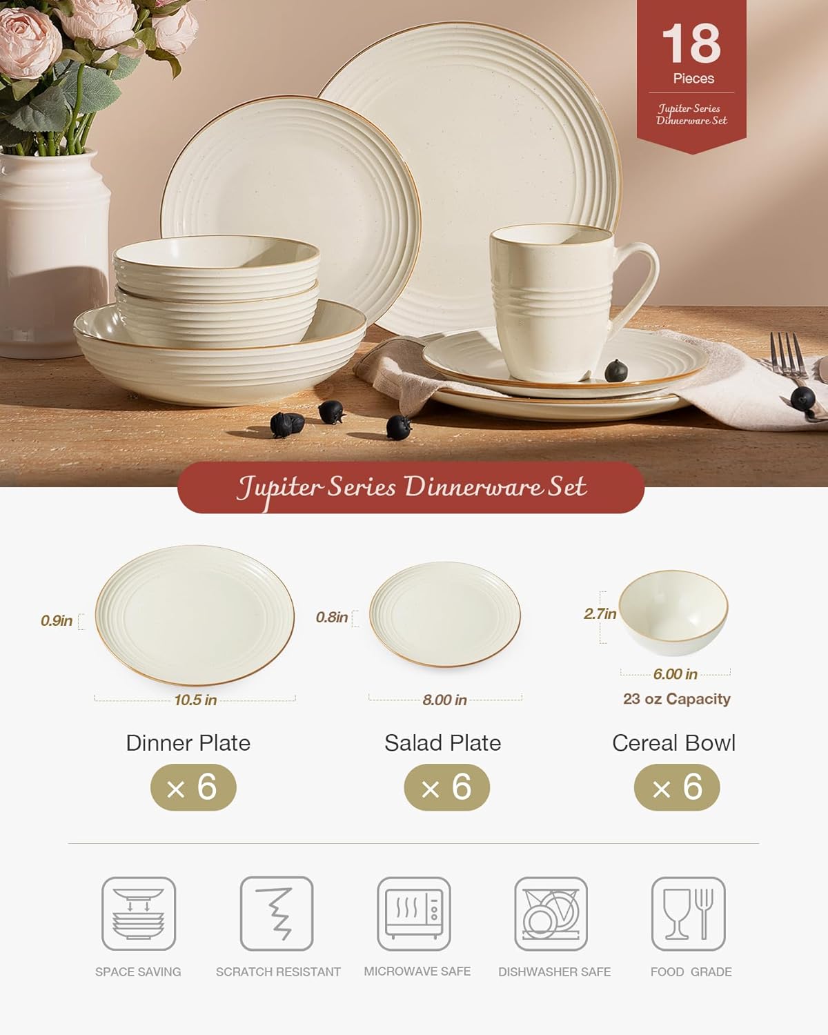 Famiware Jupiter Dinnerware Set, Plates and Bowls Dish Sets for 6 (18 Pieces), Microwave and Dishwasher Safe Stoneware Speckled Tableware, Chip and Scratch Resistant, Vanilla White