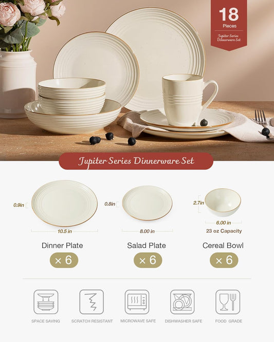 Famiware Jupiter Dinnerware Set, Plates and Bowls Dish Sets for 6 (18 Pieces), Microwave and Dishwasher Safe Stoneware Speckled Tableware, Chip and Scratch Resistant, Vanilla White