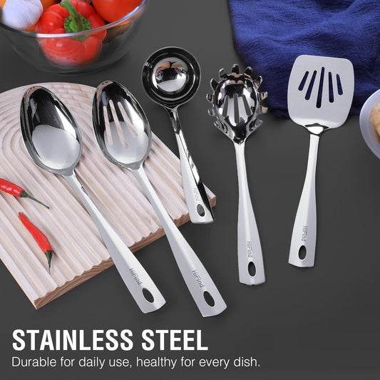 Stainless Steel Cooking Utensils Set, 5PCS Kitchen Utensils Set, Durable Kitchen Gadgets, Ladle, Slotted Turner, Slotted Serving Spoon, Solid Serving Spoon, Pasta Fork