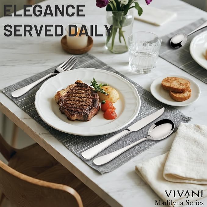 VIVANI 16 Piece Heavy Silverware Set, Forged Flatware Set with Steak Knives, Premium Stainless Steel Cutlery Set for 4, for Kitchen, Home, Wedding, Party, Mirror Polished and Dishwasher Safe