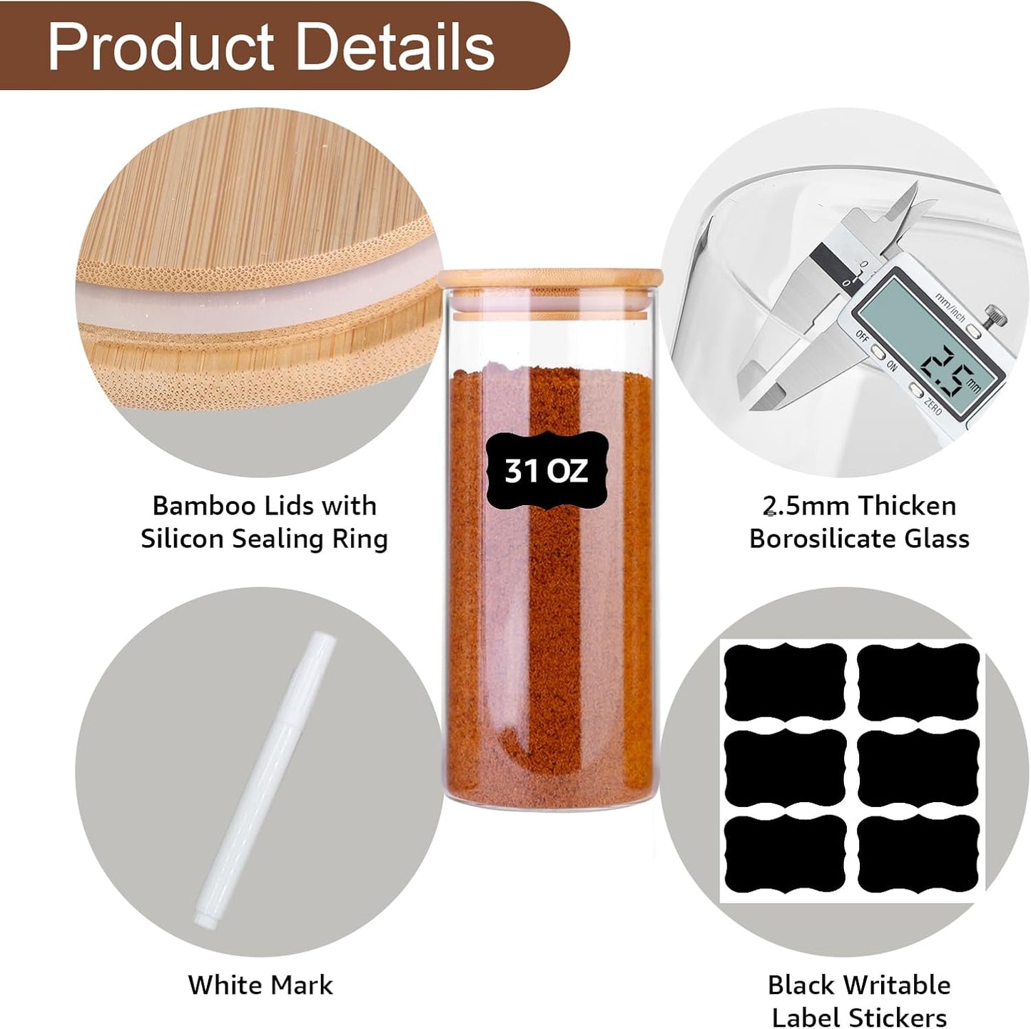 Glass Food Jars with Lids,31oz Glass Storage Containers with Airtight Bamboo Lids,Round Glass Canister Set of 4, Pantry Organizers and Storage for Cookie Flour Oat Pasta Tea Coffee Bean