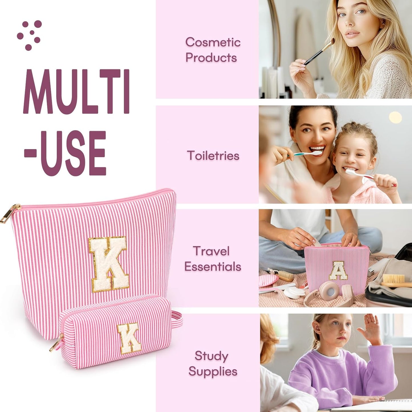 2 PCS Initial Makeup Bags for Women: Cosmetic Bag for Travel Toiletry - Birthday Gifts for 11 12 13 14 15 16 17 18 Years Old Girl Graduation Teacher Gift- Teen Girl Gifts Trendy Stuff - Pink K