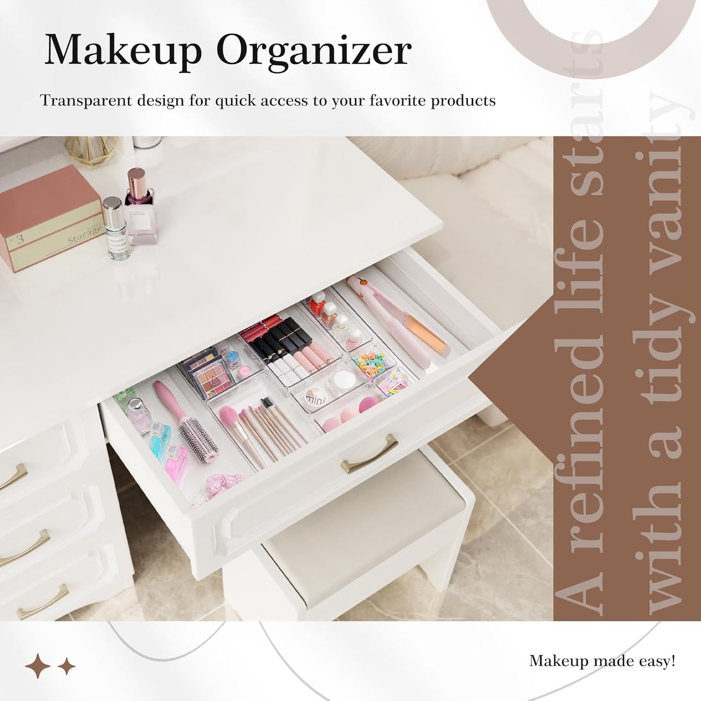 Criusia Clear Drawer Organizer 7 PCS - 5 Size Plastic Versatile Kitchen and Bathroom Organizer Trays, Non-Slip Storage Bins for Makeup, Utensils, Tool and Office Desk