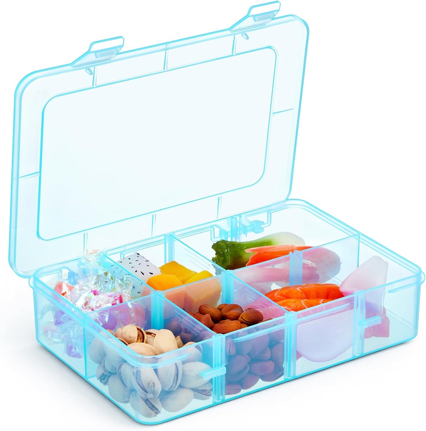 Thyle 1 Pcs Snack Box Container 8 Compartments Snack Containers Reusable Transparent Lunch Box Organizer Small Plastic Food Storage with Lids for Meal Prep School Work Travel (Blue)