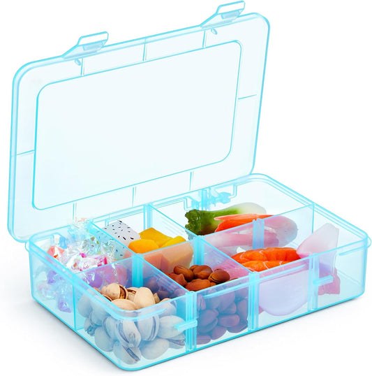 Thyle 1 Pcs Snack Box Container 8 Compartments Snack Containers Reusable Transparent Lunch Box Organizer Small Plastic Food Storage with Lids for Meal Prep School Work Travel (Blue)