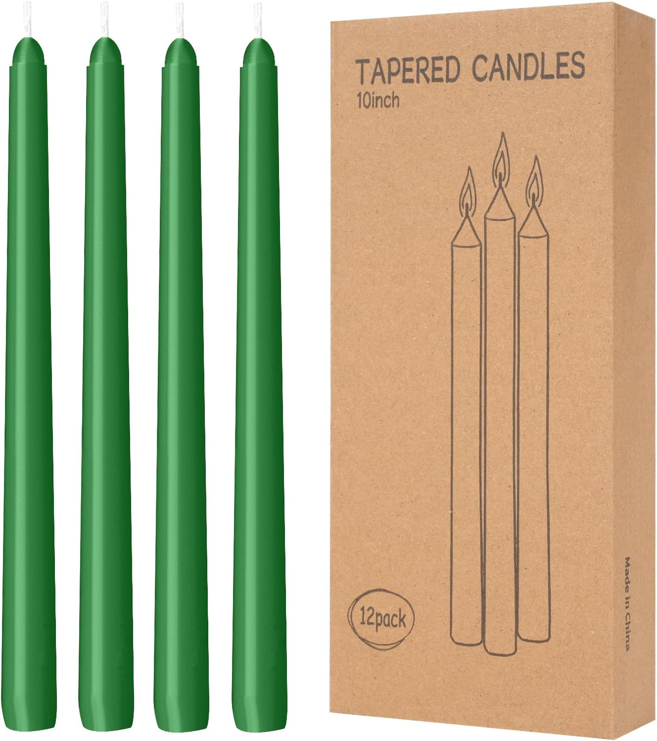 12 Pack Green Taper Candles 10 inch - Taper Candles Dripless, Smokeless, Unscented - 8 Hours Long Burning - Hand Poured Tall Candlesticks - Perfect for Home Decor, Weddings, and Special Occasions