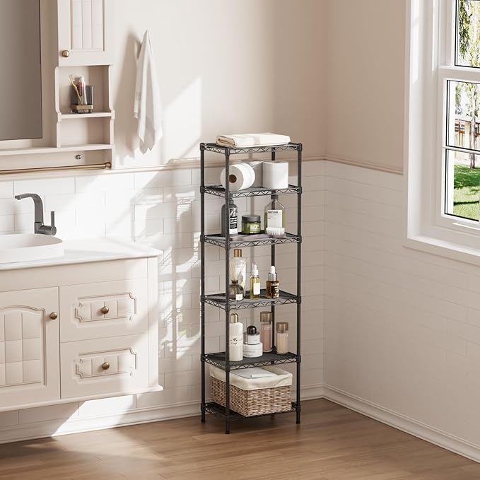 SINGAYE 6 Shelves Bathroom Organizers and Storage Shelf Wire Closet Metal Pantry Kitchen Small Garage Shelving Unit Laundry Room Organization Home Tall Rack Balck 10" D x 16" W x 60”H