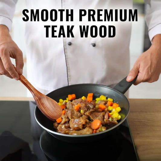 Zulay Kitchen Premium Large Teak Wooden Spoon For Cooking - Durable Wooden Cooking Utensil, Perfect Wooden Kitchen Utensil Set Addition, Smooth Finish Natural Teak Spoon, Non-Stick Wooden Spoon
