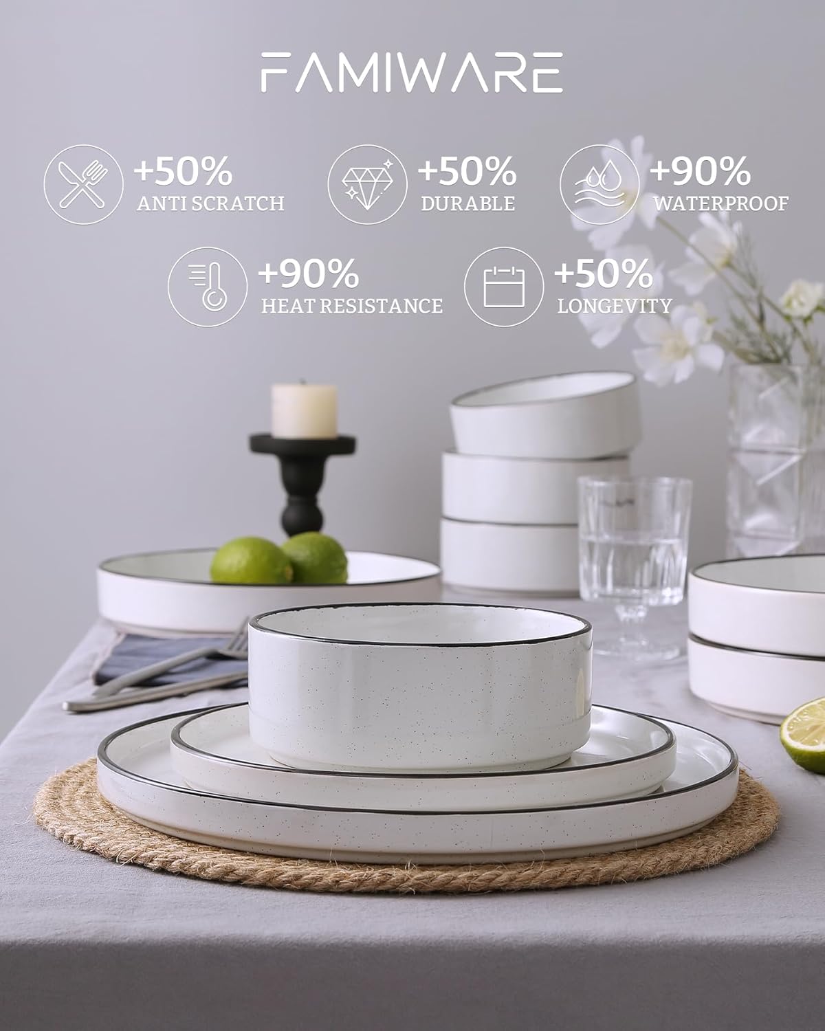 Famiware Nebula Plates and Bowls Set, 24 Pieces Dinnerware Sets, Dishes Set for 8, White with Black Rim