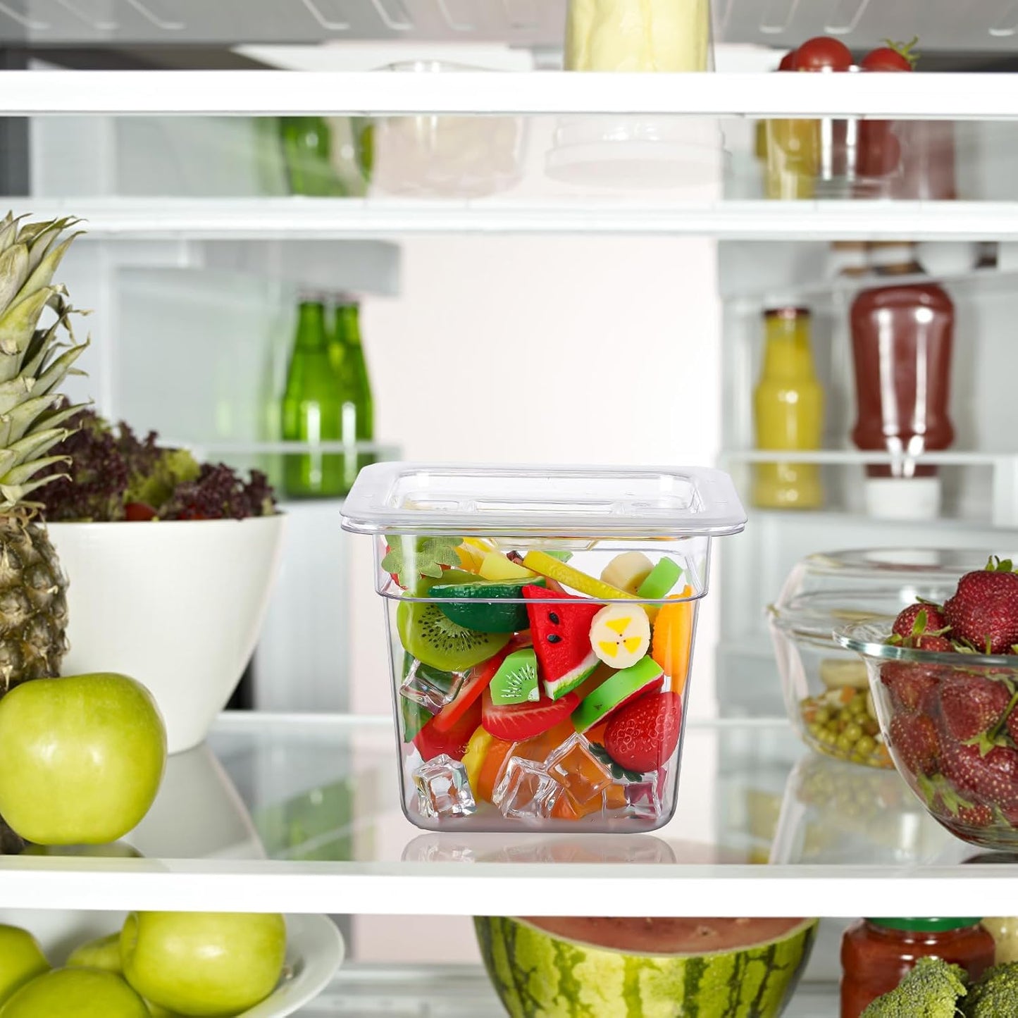 6 Pack Plastic Food Pans with Lids 1/6 Size 6'' Deep Restaurant Food Containers Stackable Clear Polycarbonate Commercial Hotel Pans with 1 Plastic Spoon for Fruits Vegetables