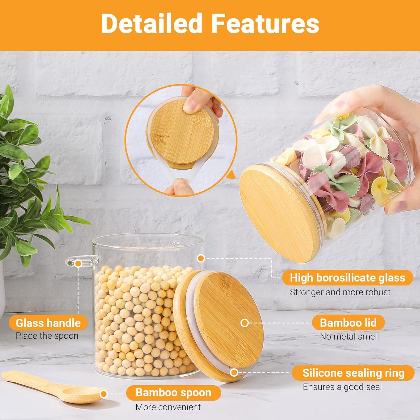 Glass Jars with Bamboo Lids - 4 Pack 15 Fl.oz Round Glass Storage Jars with Airtight Lid and Spoon, Clear Stackable Food Container for Overnight Oats, Spice, Coffee, Sugar, Tea Canister