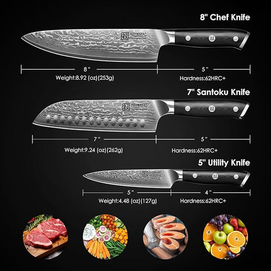 KEEMAKE Damascus Kitchen Knife Set 3 PCS, Sharp Knives Set for Kitchen, 67 Layers Damascus Chef Knives, Japanese Knife Sets with Full Tang Ergonomic Handle, Kitchen Knives for Meat Vegetable