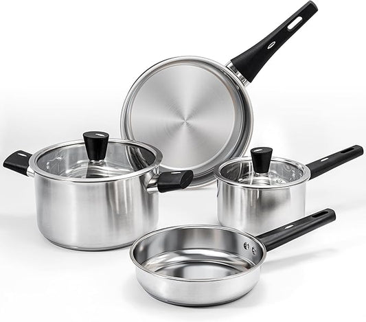6-Piece Stainless Steel Pots and Pans Set, Kitchen Cookware Set with Stay-Cool Handles Compatible with Gas, Electric & Induction, Dishwasher Safe, Non-Toxic & Durable for Everyday Cooking