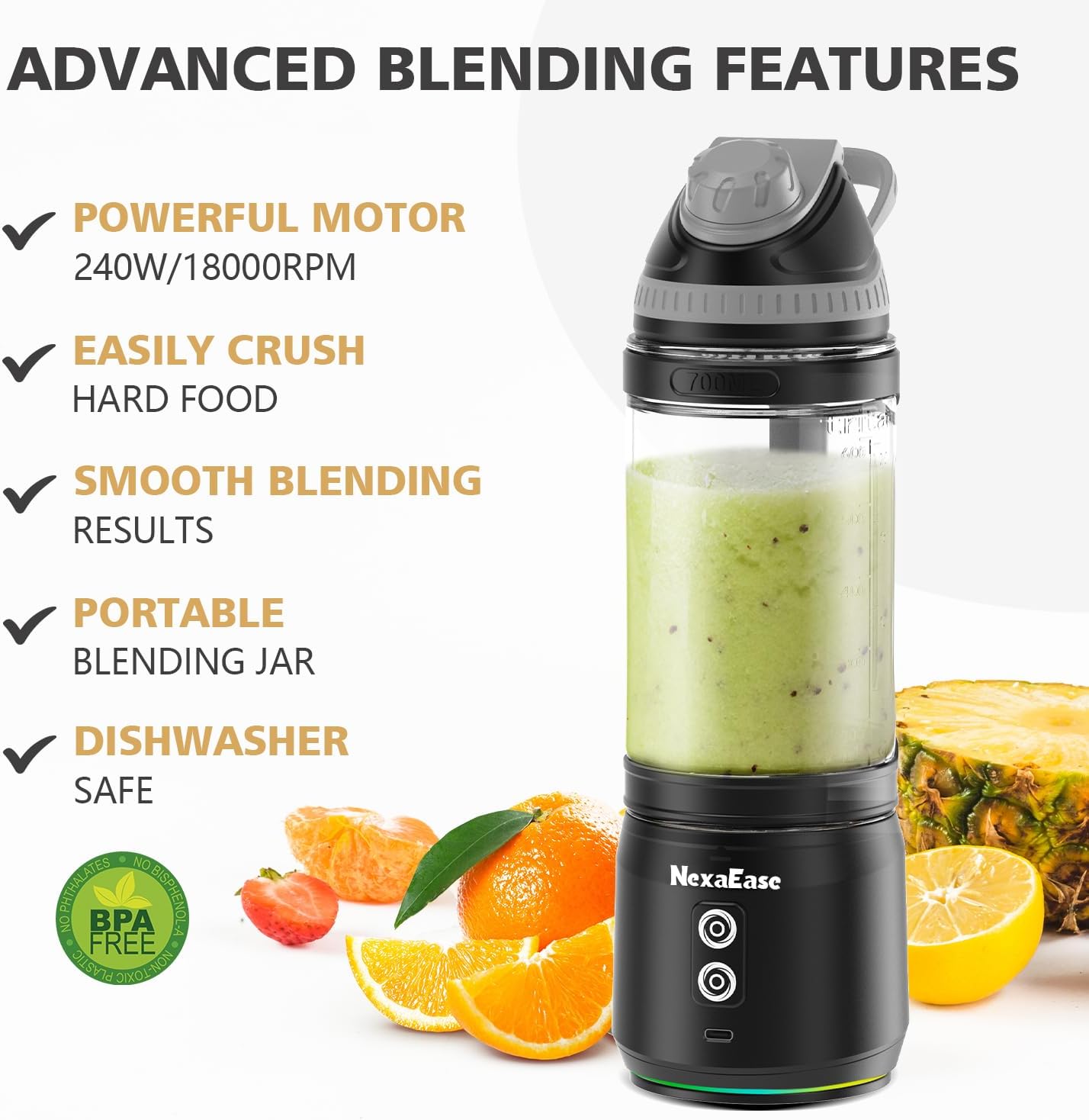 Portable Personal Blender for Smoothies, Protein Shakes, Frozen Drinks - 24Oz Blender Cup Bottle with Sip Spout, Travel Lid, USB-C Rechargeable, Cordless - Mini Small Blenders for Kitchen, Gym, Office