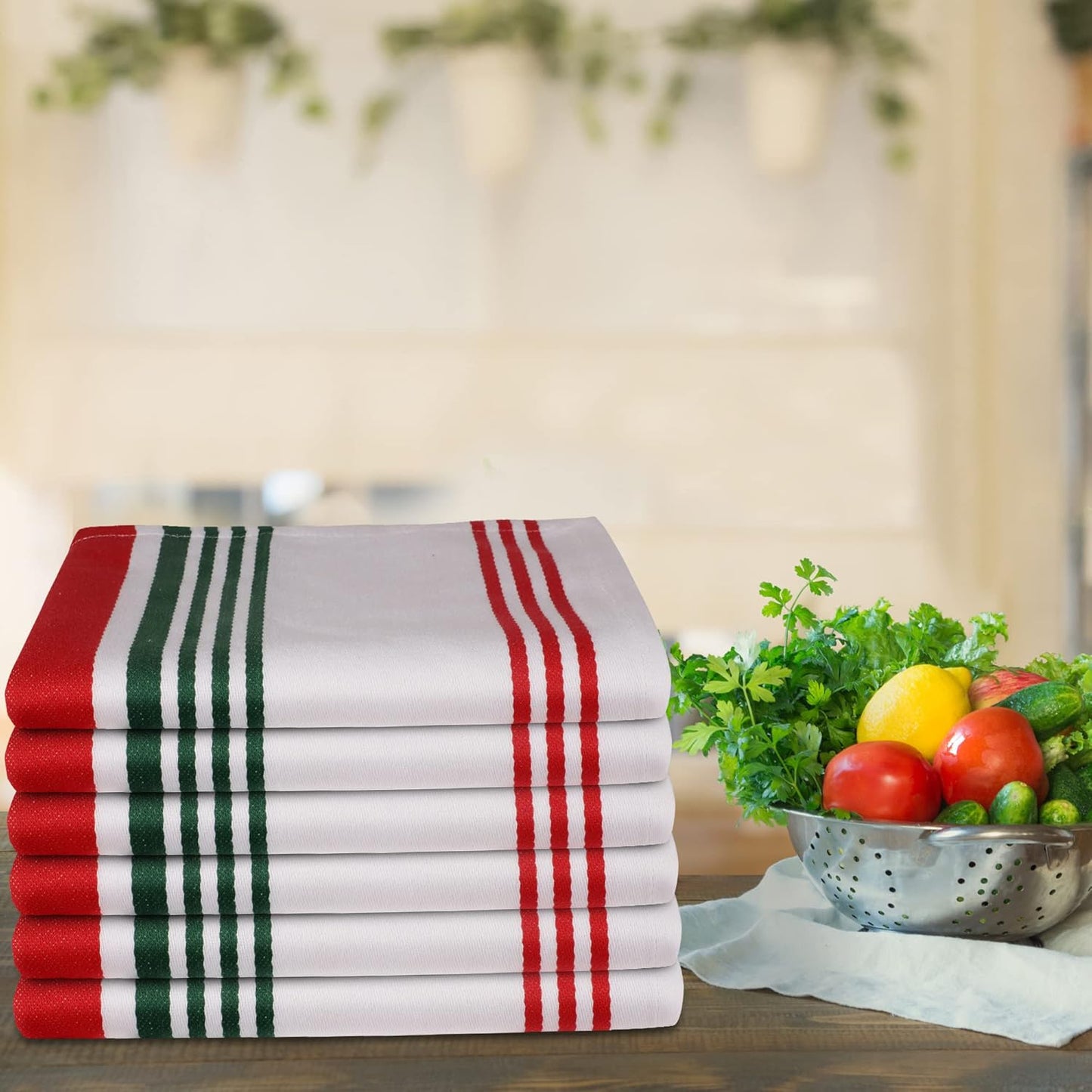 Urban Villa Kitchen Towels 100% Cotton Pack of 6, Highly Absorbent Quick Drying Super Soft Premium Dish Towels 20x30 Inch for Kitchen with Hanging Loop Hand & Tea Towels - Red/Green/White