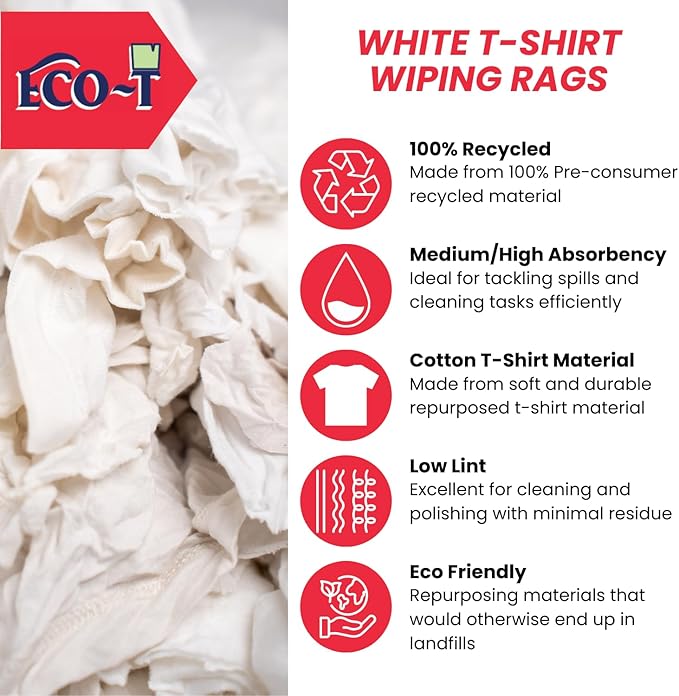 10 lb Box Eco-T Paint Rags - White T-Shirt Material, 100% Recycled, Eco-Friendly, High Absorbency, Low Lint, Low-Cost, Painting and Cleaning Cloth