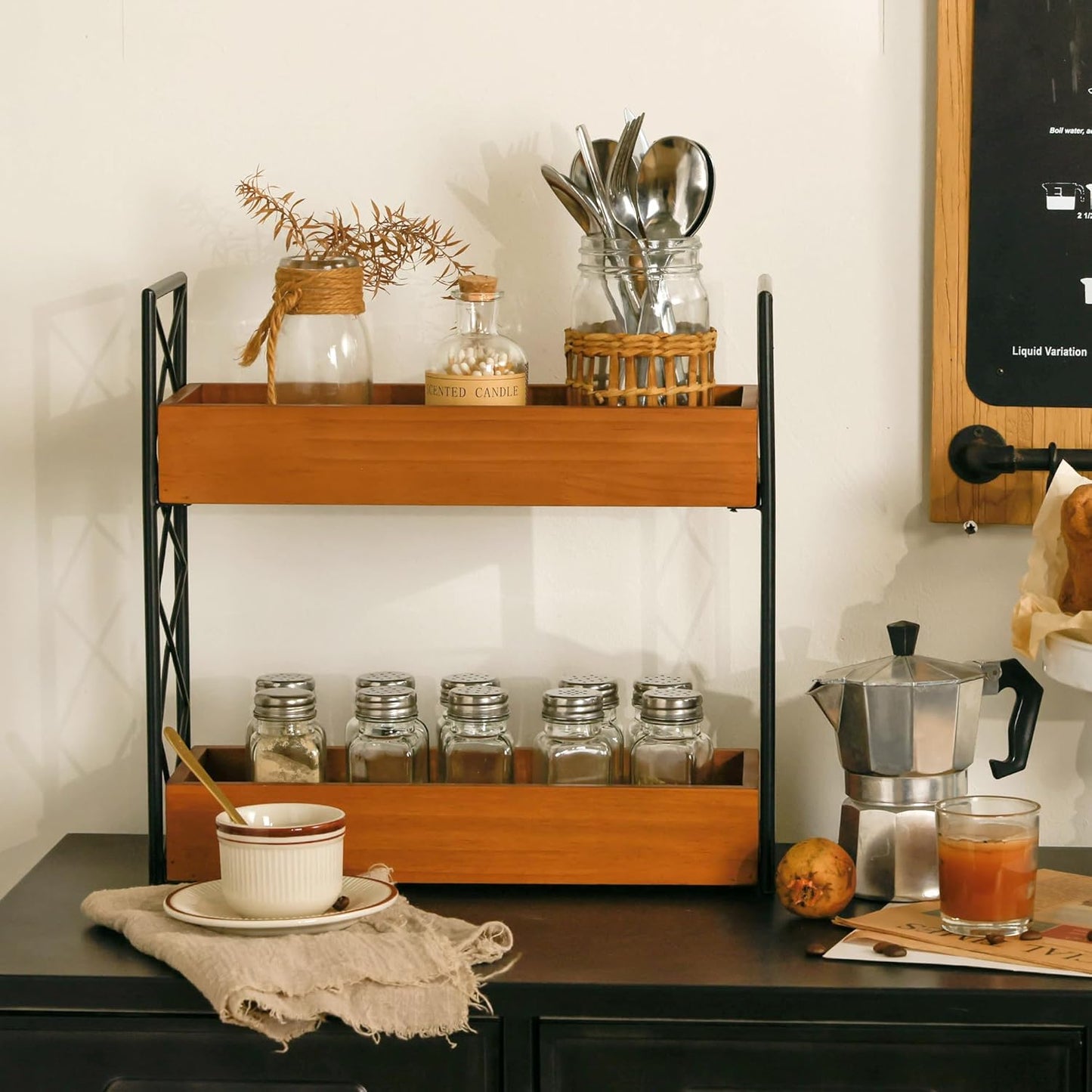 Spice Rack for Countertop 2 Tier Wooden Spice Shelf Organizer for Kitchen Cabinet, Counter or Pantry Space Saving Free Standing Spice Holder for 28 Jars, Brown