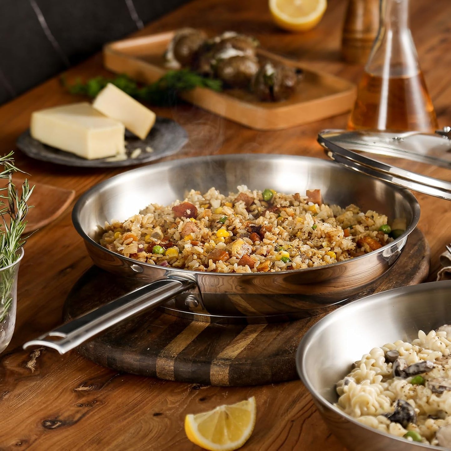 DELUXE Stainless Steel Frying Pan with Lid, 11-Inches Oil Gather Pro Skillet with 3-Ply Heavy Bottom, PFOA Free Frying Pot with Stay-Cool Handle Compatible with All Stoves, Dishwasher Oven safe