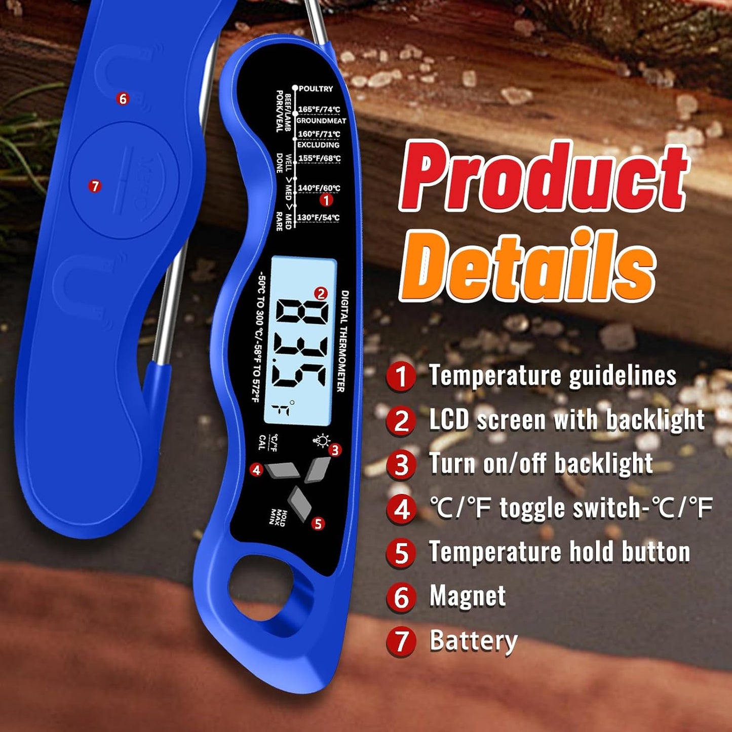 Meat Thermometer, IP67 Waterproof Digital Meat Thermometer with Backlight, Hold Function & Magnet for Grill, BBQ, Candy, Beef,Turkey，Gadgets Essentials BBQ Accessories,Mens Stocking Stuffers