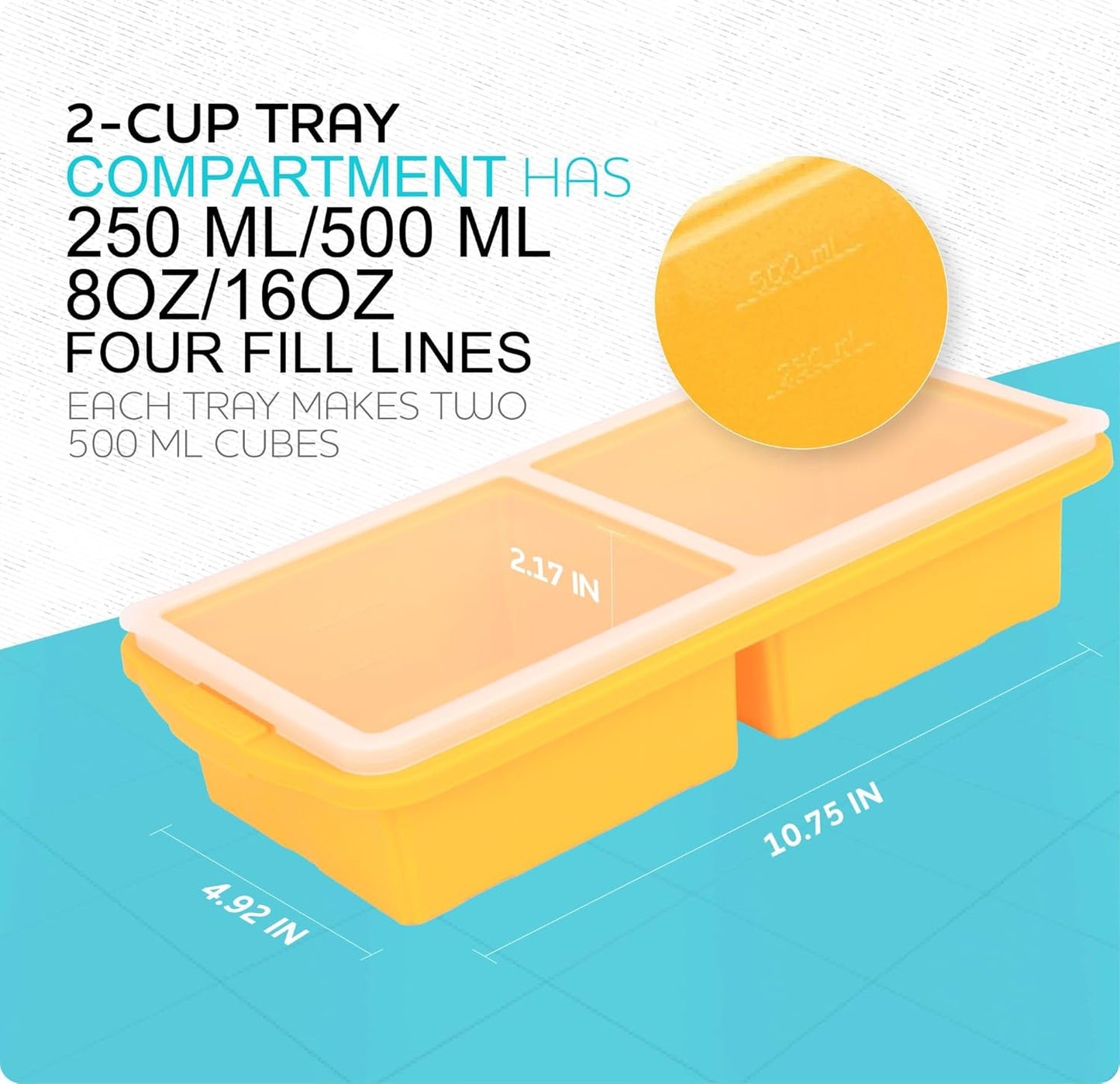 Silicone Freezer Tray With Lid-Soup Freezer Container molds-2-cup Extra Large Ice Cube Tray-makes 4 perfect 500ml portions cubes, For freezing soup,stews,sauces.Oven&Dishwasher-Safe(2-Pack)
