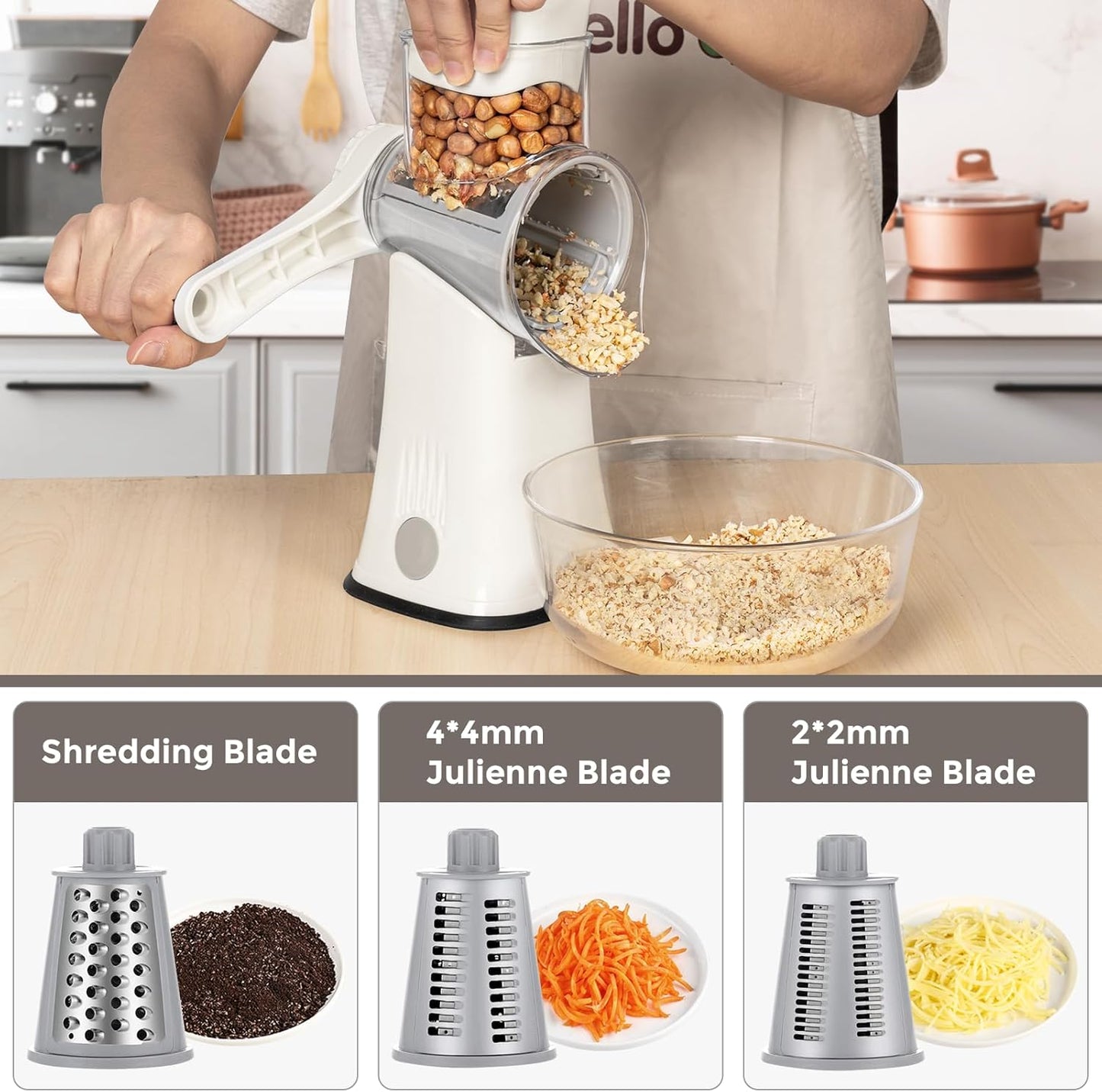 X Home 5-in-1 Rotary Cheese Grater for Kitchen, Upgraded Hand Crank Shredder with Stronger Suction Base & Multifunctional Drum Blades, for Cheese, Vegetables and Nuts, Easy to Use and Clean, White