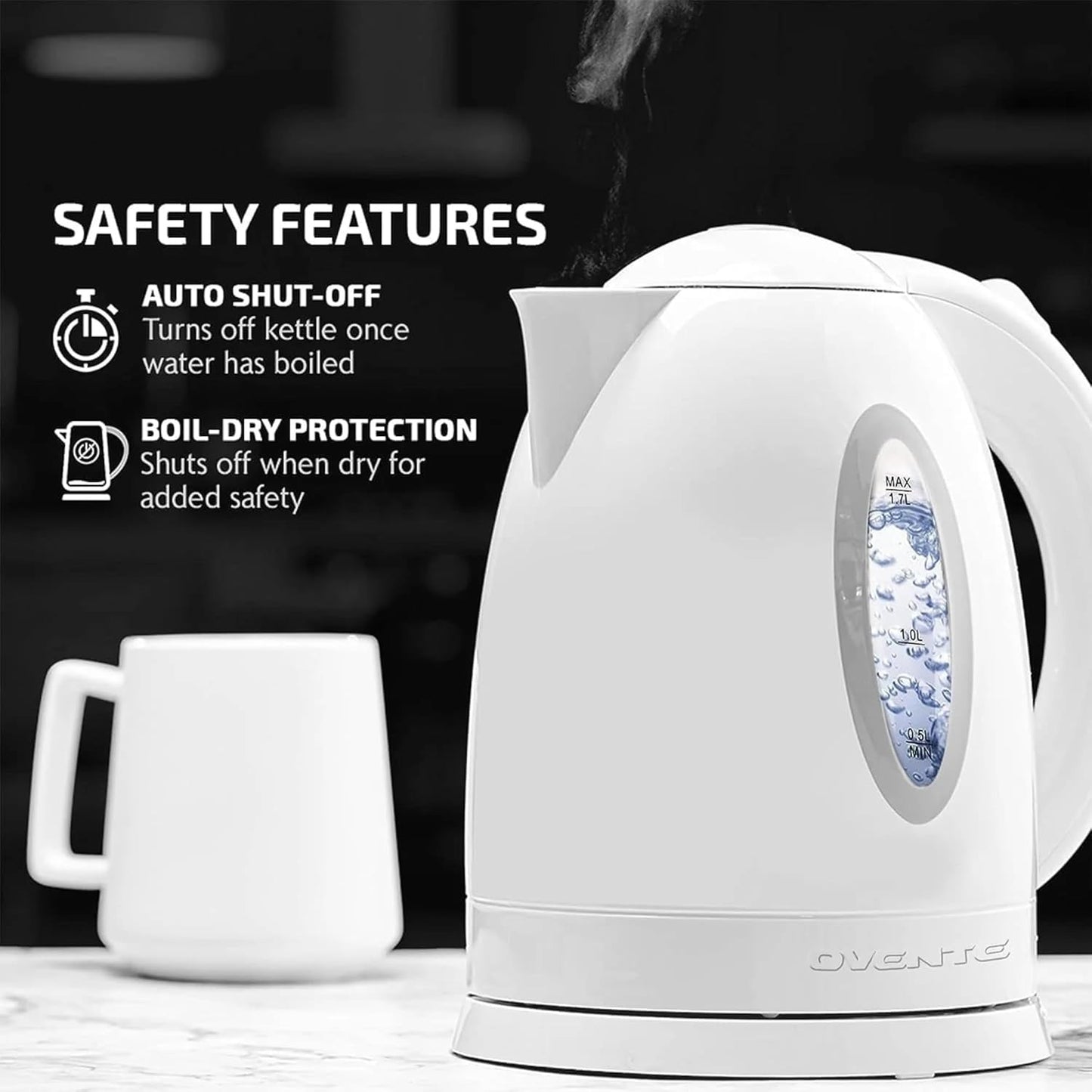 OVENTE Electric Kettle, 1.7L Fast Boiling Water Heater for Coffee or Tea, BPA Free with Water Level Gauge, Auto Shut-Off, Boil-Dry Protection, Indicator Light and Removable Filter, White KP72W
