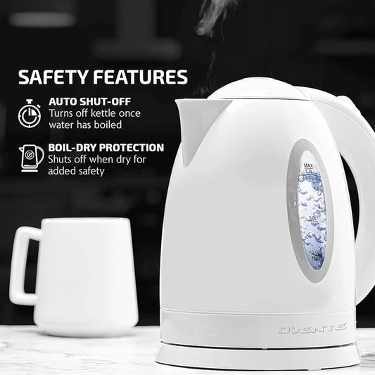 OVENTE Electric Kettle, 1.7L Fast Boiling Water Heater for Coffee or Tea, BPA Free with Water Level Gauge, Auto Shut-Off, Boil-Dry Protection, Indicator Light and Removable Filter, White KP72W