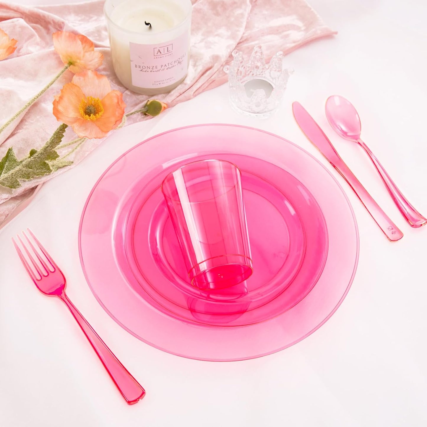 WDF 25 Guest Pink Plates with Pink Plastic Silverware&Pink Cups-Neon Clear Disposable Dinnerware include 50 Plates,25Forks, 25 Knives, 25 Spoons,25 Plastic Cups for Party and Baby Shower