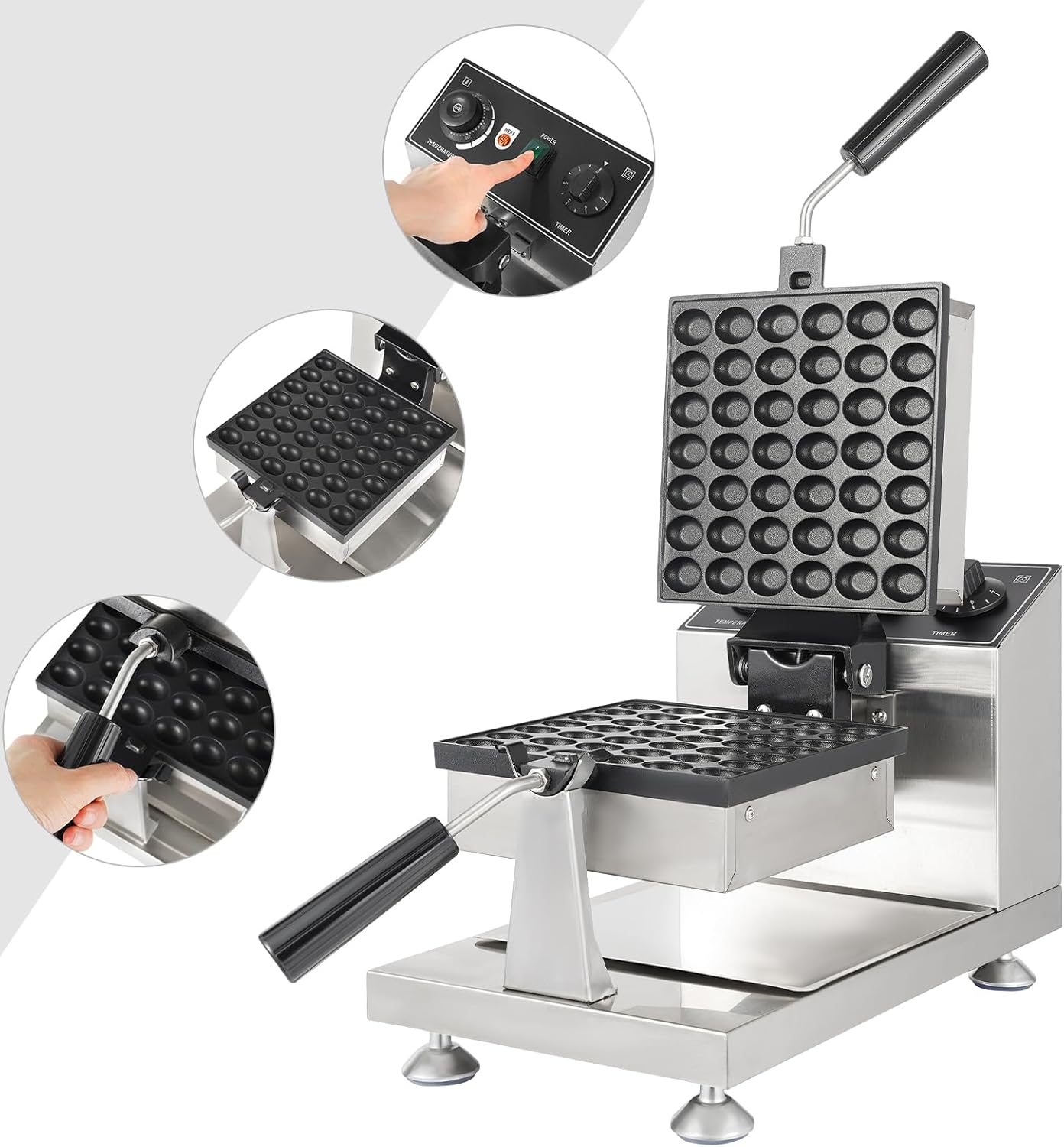 1200W Commercial Mini Pancake Maker, 42 Grids Electric Waffle Maker Non-Stick Stainless Steel Belgian Waffle Iron w/Time & Temper Adjustable|180° Rotating, Large Waffle Machine for Restaurant