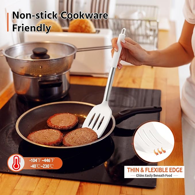 E-far Cooking Utensils Set of 4, Silicone Kitchen Utensils for Non-stick Cookware, Heat Resistant & Non-toxic Slotted Spatula Solid Spoon Turner for Flipping Mixing Serving Basting(White)